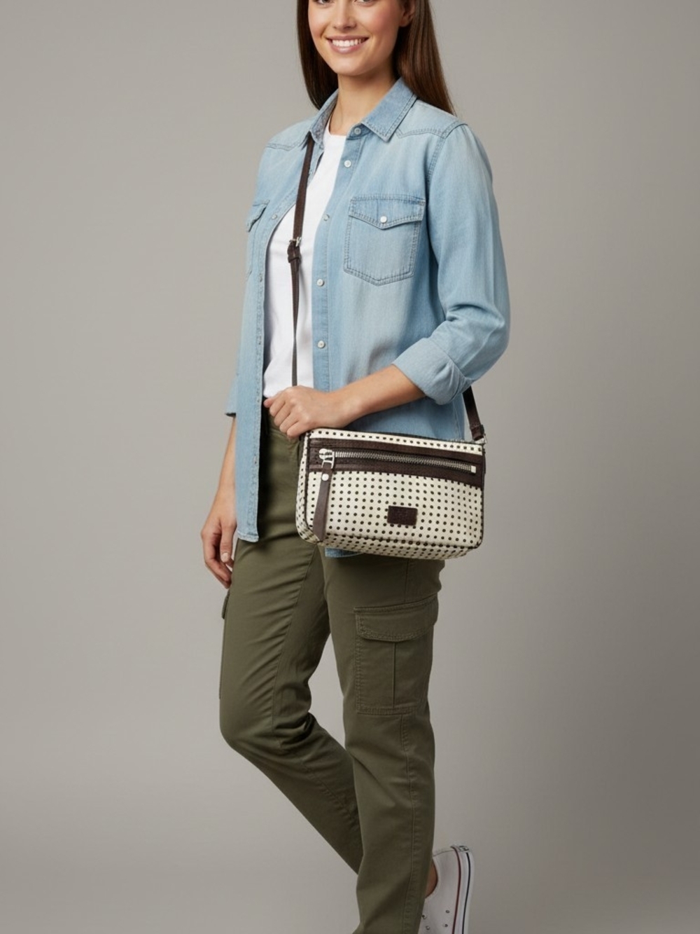 Fossil Crossbody Shoulder Bag in Cream with Brown Trim